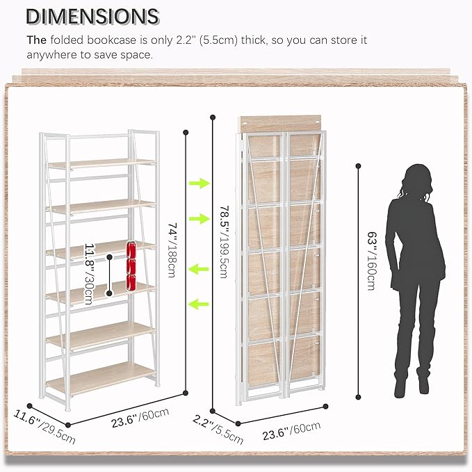 4NM No Assembly Folding Bookshelf, 6-Shelf 74" H Collapsible Foldable Bookcase Storage for Small Spaces, Natural White