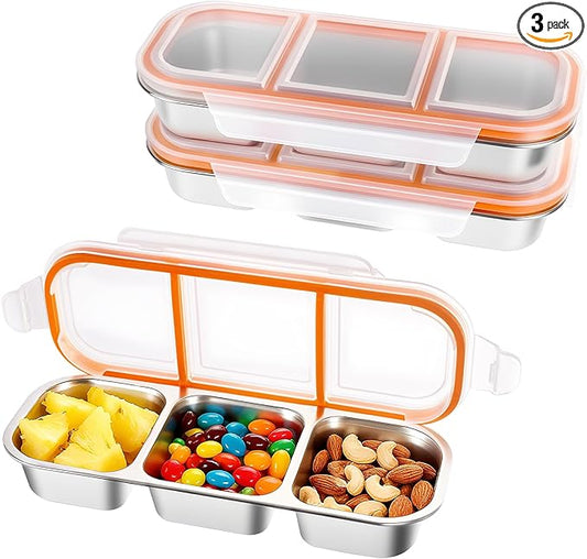 Bandesun Stainless Steel Snack Containers for Kids & Adults, 3 Pack Leek Proof Metal Bento Lunch Box with with lids, Lunchable Containers for Travel, School, Home - Stackable Bento Snack Box