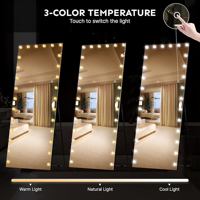Kosmonia 82x36 Hollywood Full Length Mirror with Light, 28 Dimmable Bulbs & 3 Color Smart Touch Control, Distortion Free, Tempered Glass & Shatter Proof Film, Safe Full Body Mirrors with Stand