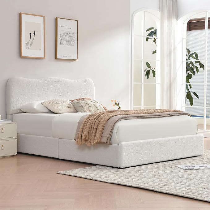 VELOCAVA Full Size Storage Bed with 4 Drawers, Modern Upholstered Bouclé Platform Frame with Curved Headboard, Rounded Corners, Wood Slats, No Box Spring Needed, Cream White