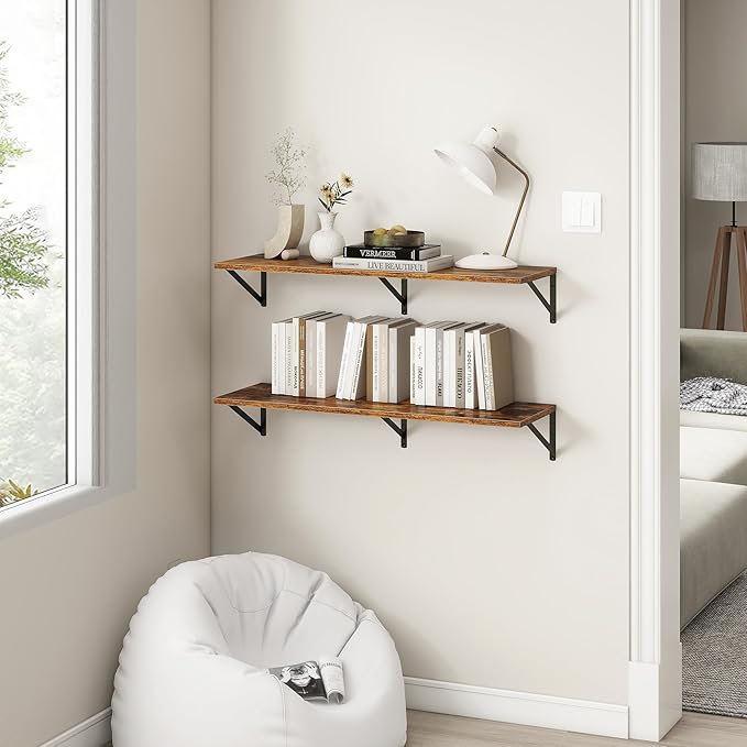 Fun Memories 40 Inch Floating Shelves, 12 Inch Deep Wall Shelf, 40 x 12 Floating Shelf Set of 2, Wood Floating Shelf Wall Mounted, Large Kitchen Living Room Bedroom Storage Shelves, Rustic Brown