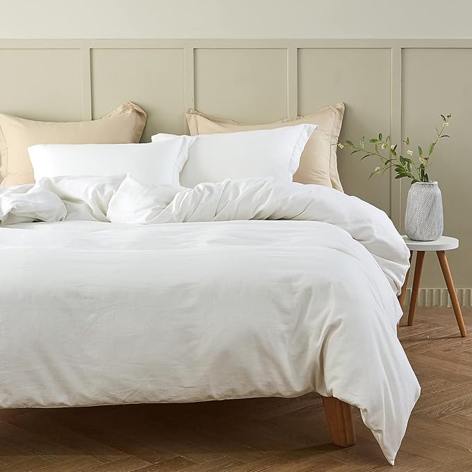 Simple&Opulence French Linen Duvet Cover Set 88" x 92"- 5 Pieces (1 Comforter Cover,4 Pillowcases)- Natural Flax Cotton Blend-Solid Color Breathable Farmhouse Bedding-Off White, Queen