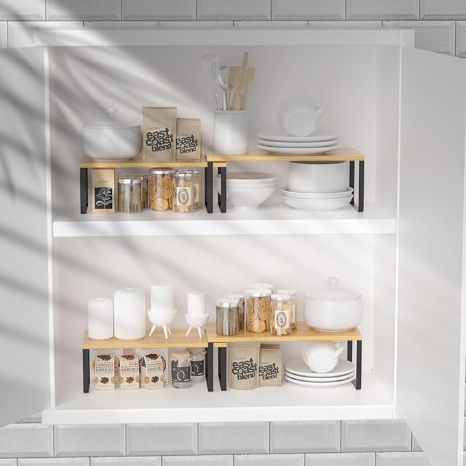 NEX Kitchen Cabinet and Counter Shelf Organizer, Stackable & Expandable, Set of 4, Black and Natural - 7.7 x 15.6 x 6.2''