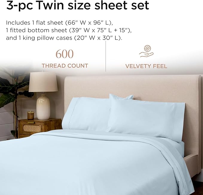Threadmill 100% Cotton Sheets for Twin Size Bed - 600 Thread Count Twin Bed Sheets Set with 15” Deep Pocket - Sateen Weave 3-Piece Bedding Set with Cooling Effect, Blue