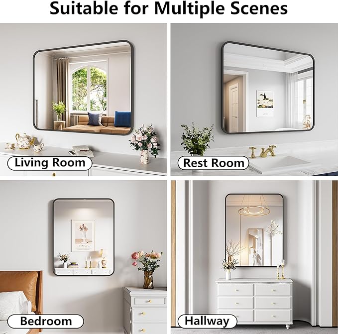 Koonmi Bathroom Mirror, 32X40 Brushed Black Metal Framed Wall-Mounted Mirror for Over Sink, HD Tempered Glass, Anti-Rust, Rounded Rectangle Mirror for Restroom, Bedroom, Hangs Horizontal or Vertical