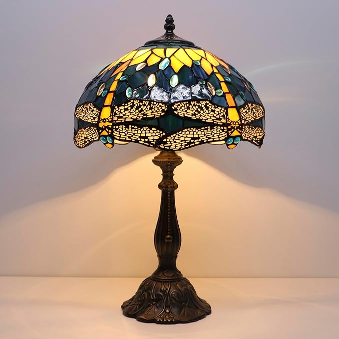 Tiffany Lamps Yellow Dragonfly Style Stained Glass Table Lamp Desk Bedside Reading Light 12X12X18.5 Inches with Bronze Resin Base Applicable to Bedroom Living Room Office