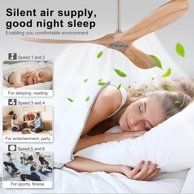 60 Inch Ceiling Fan no Light, Quiet Reversible DC Motor Wood Ceiling Fan Without Light, Modern Ceiling Fan with Remote Control for Outdoor Indoor Farmhouse Patios(Brushed Nickel+Natural Wood)