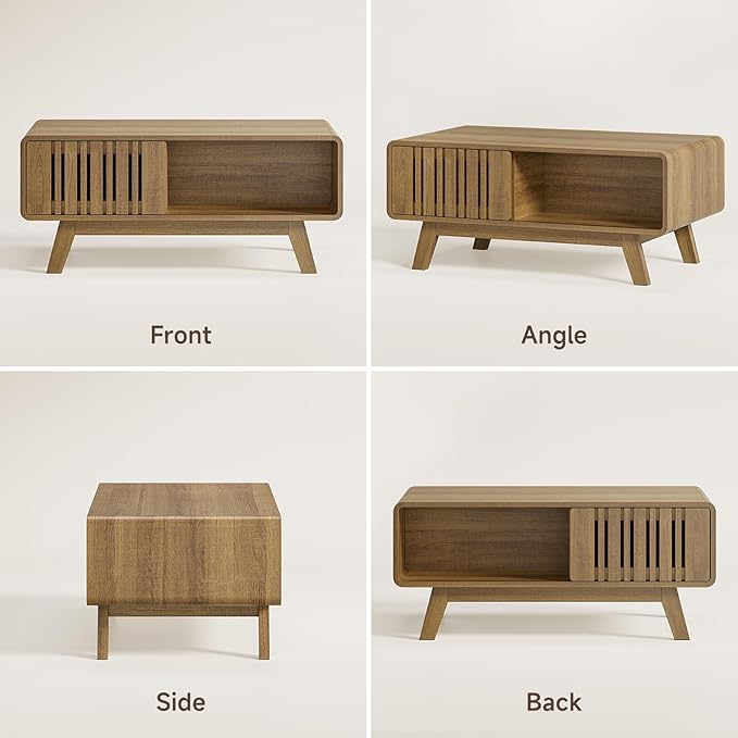 ONBRILL Coffee Table, Mid Century Modern Table with Storage Compartment, Fluted Table with Sliding Cabinet Door, Farmhouse Wood Coffee Table for Living Room (Natural)