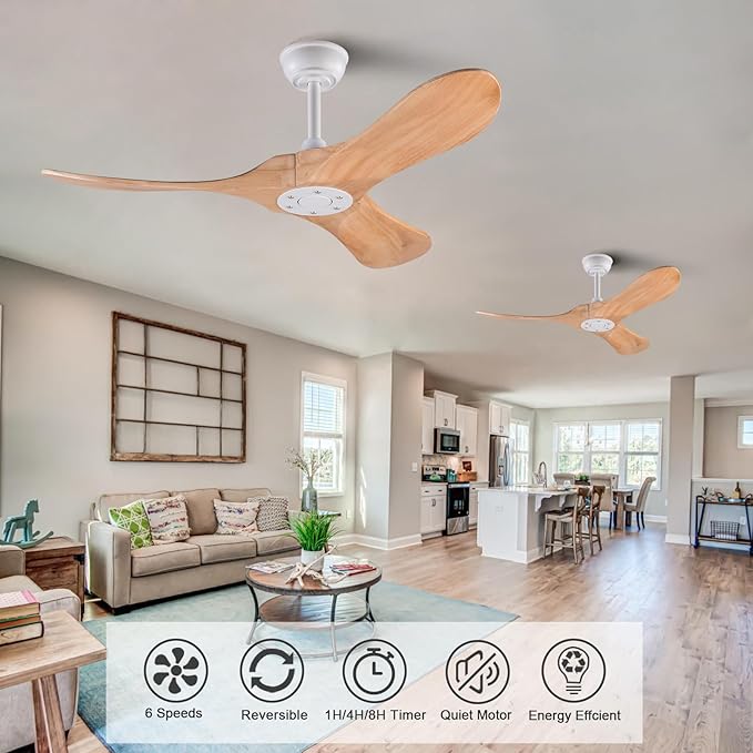42 Inch Ceiling Fan no Light with Remote, Ceiling Fan without Light, 3 Wooden Blades,Reversible DC Motor,6 Speeds,Outdoor Indoor Ceiling Fan for Patio Bedroom Office