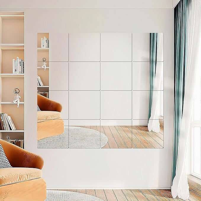 12 Pack 10x10 Inch Wall Mirror, Acrylic Mirror Tiles for Wall, Large Shatterproof Full Length Mirror, Self-Adhesive Plastic Sheets for Home Gym, Bedroom, Workout Room