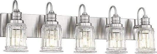 Bathroom Light Fixtures, HWH 5-Light Vanity Light, Modern Brushed Nickel Wall Lighting Over Mirror, Bell-Shaped Striped Glass, 5HZG106B-5W BN