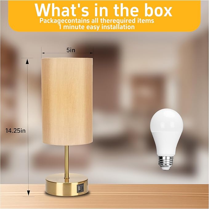 Bedside Table Lamp for Bedroom - 3 Way Dimmable Touch Lamp USB C Charging Ports and AC Outlet, Gold Base Round Flaxen Fabric Shade for Living Room, Desk, LED Bulb Included(Gold Touch Control)