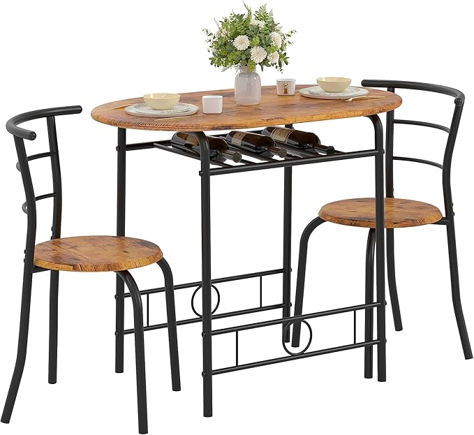 VECELO 3-Piece Dining Table Set for Kitchen Breakfast Nook, Wood Grain Oval Tabletop and Metal Frame with Built-in Wine Rack, for Small Spaces, Antique Brown & Black