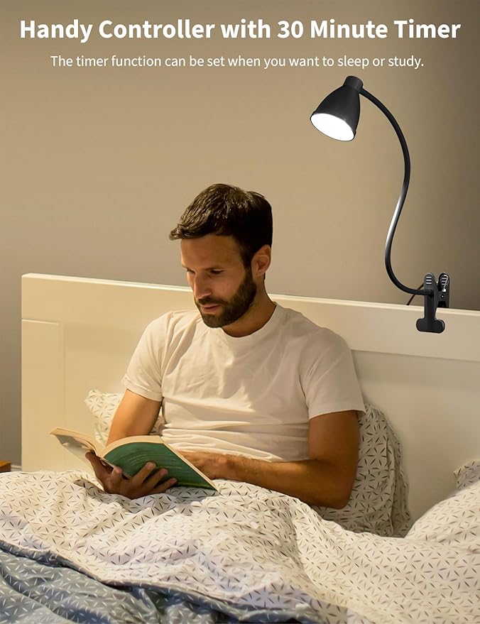 BOHON Desk Lamp 5 Color Modes 10 Brightness Dimmer Reading Light 10W 38 LED Clamp Lamp with Auto Off Timer 360° Flexible Neck Clip on Light for Bed Bedside, AC Adapter Include