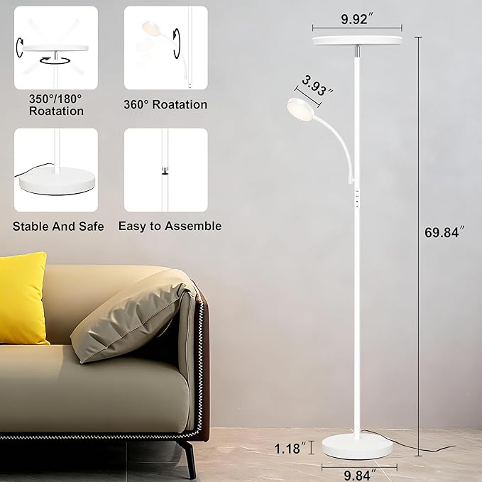 Floor Lamp,Upgraded 42W/4200LM Super Bright Floor Lamp,2-in-1 LED Dimmable Standing Lamp with Reading Light,Tall Standing Lamp with Stepless Dimmable,Modern Floor Lamps for Living Room,Bedroom,Office