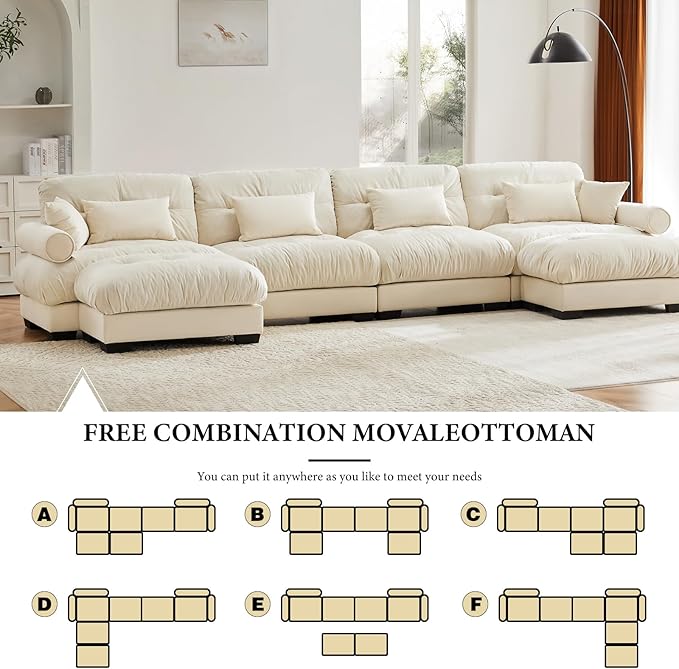 166" Oversized Couch, 4 Seater Modular Sectional Sofa, Beige White Large U Shaped Sectional Couches, Fluffy Couch Set, 4 Seater, Velvet Cloud Couches with Ottoman, Sofas for Living Room