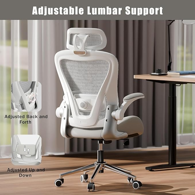 Grey Ergonomic Home Office Desk Chair, Premium Thickened Leather Curved seat with Breathable mesh Back, 3D headrest and Adjustable Lumbar Support, Ideal Chair for Office or Gaming, Gray