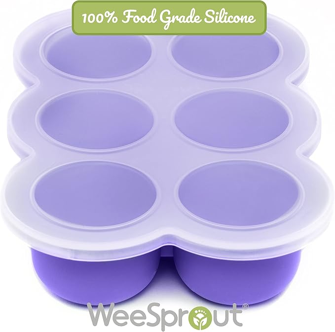 WeeSprout Silicone Freezer Tray with Clip on Lid Perfect Food Storage Container for Homemade Baby Food, Vegetable, Fruit Purees, and Breast Milk (Bright Purple, Six 3 Ounce Sections)