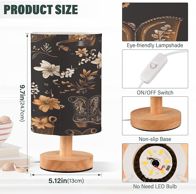 Western Cowboy Boots Flowers LED Table Lamp for Bedroom Bedside Lamp with USB Charging Ports Decor Nightstand for Living Room Reading Dorm Desk Home Office