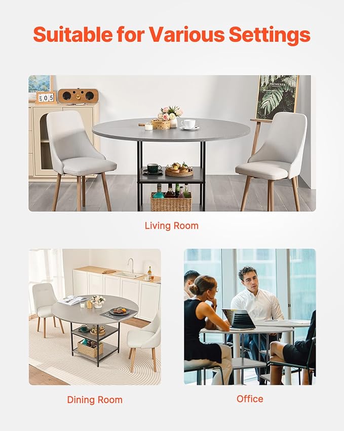 VEVOR Round Dining Table, 47 inch Wood Table for 4-6 Person, Modern Circle Dinner Furniture, Leisure Tables with Storage Shelf and Metal Legs, for Home Kitchen Living Room, Grey (Only Table)