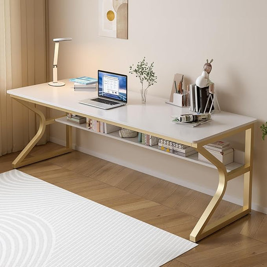 Extra Long Desk with Bookshelf - 71" Double Long Writing Table for 2-Person Workstation, Modern Study Work Computer Desk for Home and Office, Gold