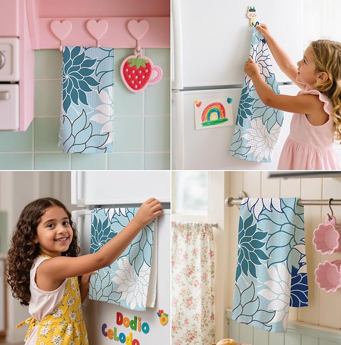 Boho Floral Abstract Waffle Towels, Flower Hand Towel for Bathroom Decor, 16x24 Inch Neutral Blue Flower Dish Tea Towel Decor for Kitchen/Bath/SPA,Gift for Friends.