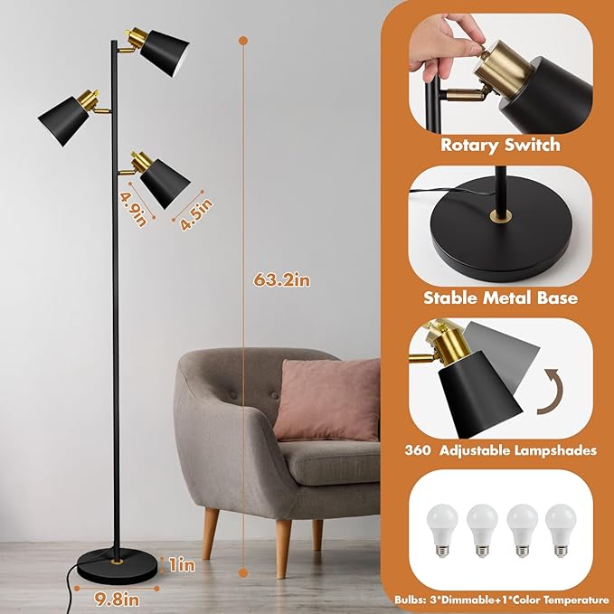 Tree Floor Lamp for Living Room, Industrial 3-Light Standing Lamp with 3 LED Bulbs, Adjustable Rotation Heads, Standing Tall Pole Lamp Farmhouse Rustic Reading Lamps for Bedroom Office (Black Gold)