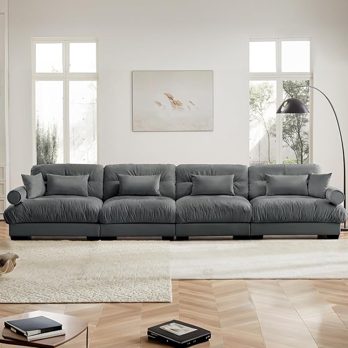166" Grey Modular Sectional Sofa, 4 Seater Large Sectional Couches for Living Room, Velvet Fabric Oversized Fluffy Cloud Couch with Ottoman, Deep Seat Home Sofas Set, Sofá Moderno