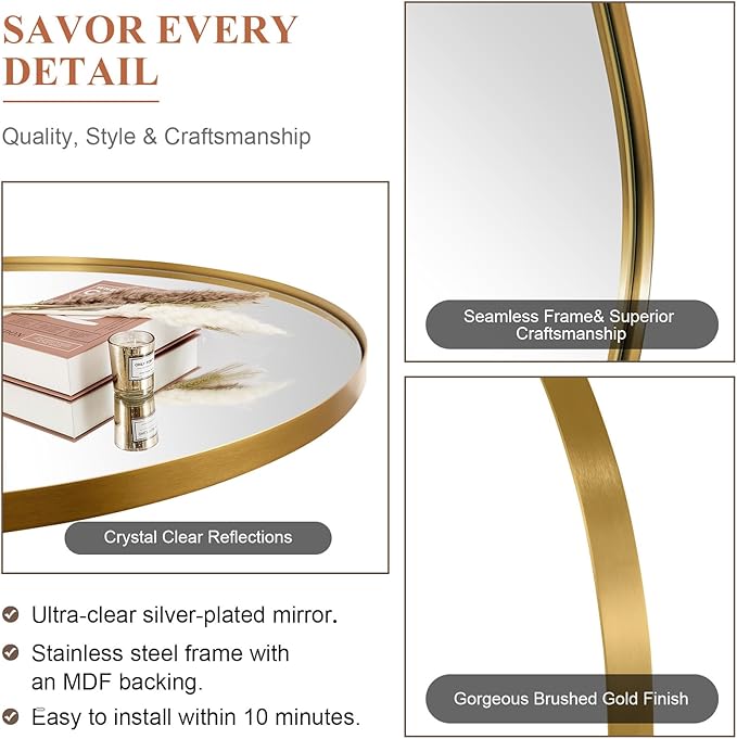 ANDY STAR 30x40 Inch Gold Bathroom Mirror, Arch Top Design Stainless Steel Mteal Frame, Brass Arch Mirrors for Wall Ideal for Bathroom, Entry, Living Room