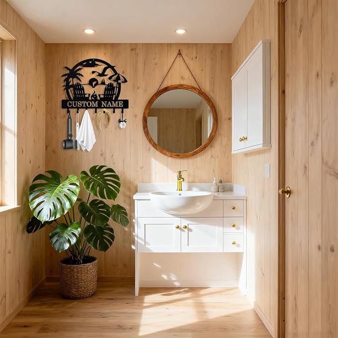 Personalized Beach Key Holder Wall Mount, Custom Metal Keys Hanger for Wall with Name, Custom Key Rack Holder with Hooks for Home, Entryway, Front Door, Living Room, Kitchen, Bathroom