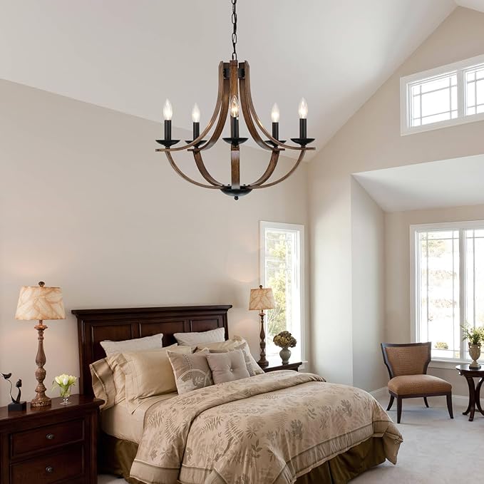 Farmhouse Chandeliers for Dining Room Light Fixture, 5-Light 24 inch Faux Wood Texture Hanging Lighting Fixtures, Rustic Candle Chandeliers for Living Room Kitchen Island Foyer Entryway