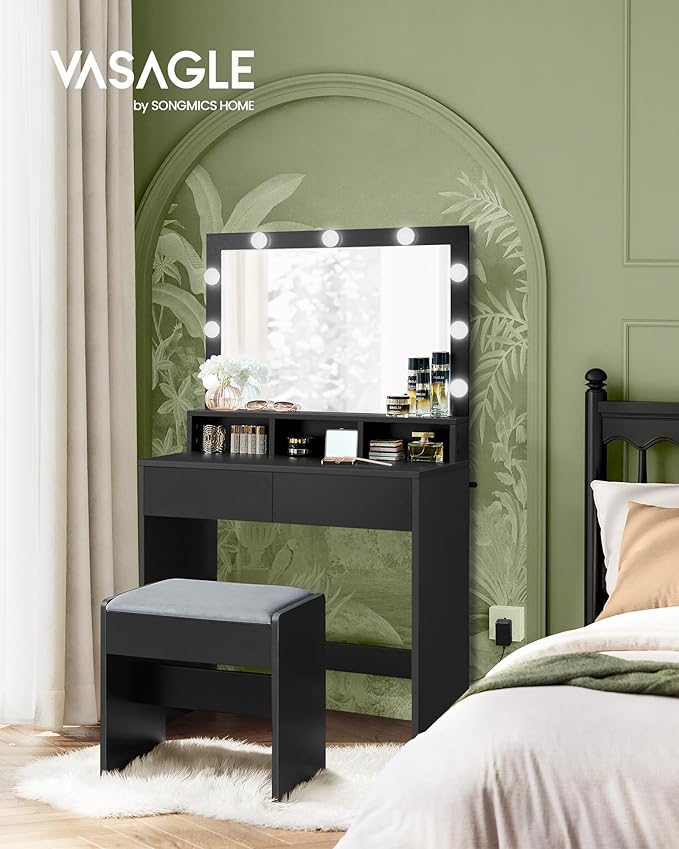 VASAGLE Vanity Desk with Mirror and Lights, Makeup Vanity with Upholstered Vanity Stool, 9 Dimmable LED Lights, 3 Compartments, 2 Drawers, for Bedroom, Ink Black URDT129B01