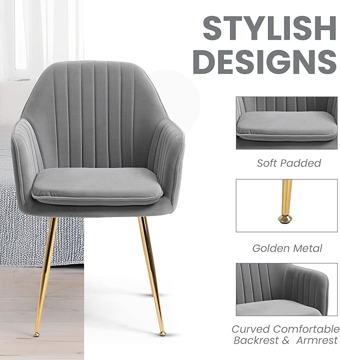ECOTOUGE Matte Velvet Dining Chairs Set of 2, Modern Arm Chair with Golden Metal Legs, Living Room Accent Chairs for Kitchen, Grey