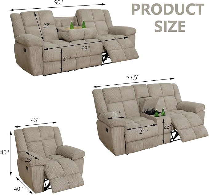 Manual Recliner Sofa Set,Corduroy Reclining Couch Set,Modern Living Room Furniture Set,Reclining Sofa Couch Chair for Living Room Home Office(Beige,3 Pieces Set)