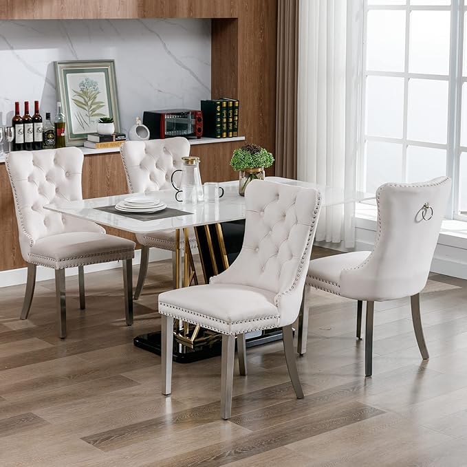 Luxury Upholstered Dining Chairs Set of 2, Beige Kitchen Chair with Silver Metal Legs, Velvet Tufted Back Dining Chair, Sillas de Comedor, Modern Kitchen & Dining Room Chairs (Beige, 2 Pcs)