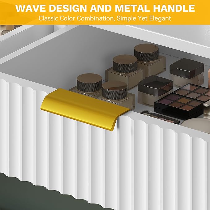 DWVO Fluted Makeup Vanity Desk with Large 27" Mirror and Lights, Modern Big Makeup Table with Power Outlet, 11 Shelves & 2 Drawers, 3 Color Lighting Modes, Dressing Table Vanity Set for Bedroom, White