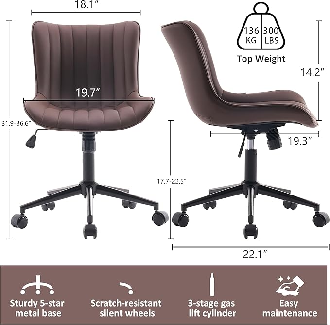 Kidol & Shellder Brown Leather Home Office Desk Chair with Wheels Modern Cute Armless Executive Swivel Vanity Chair with Comfy Padded Back Ergonomic Rolling Adjustable Computer Task Chair Small