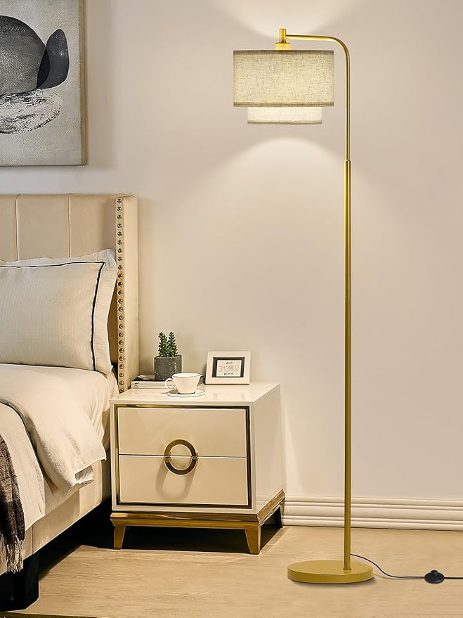 64" Modern Floor Lamp for Living Room Bedroom, Arc Floor Lamp with 3 Color Temperatures, Standing Lamp with Double Oatmeal Linen Lampshade, Tall Lamp with A19 12W LED Bulb, Foot Switch Control, Gold