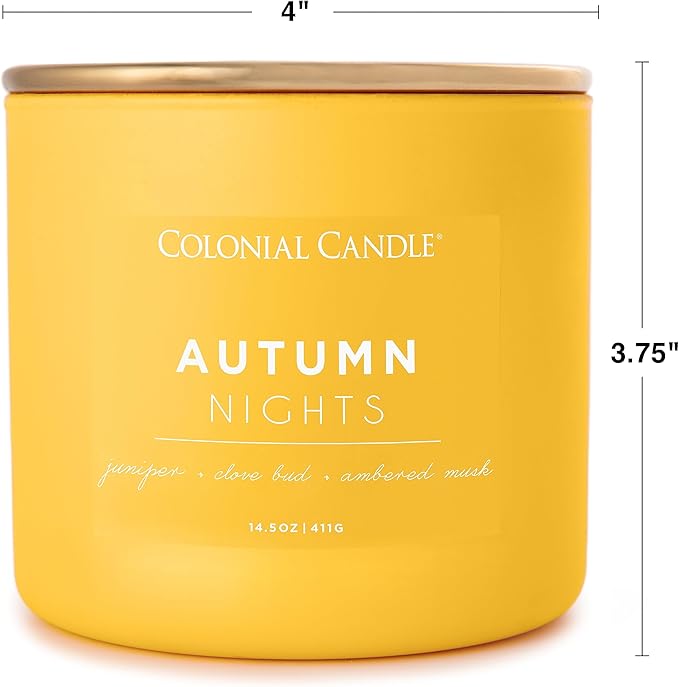 Colonial Candle Autumn Nights Scented Jar Candle, Pop of Color Collection, 3 Wick, Yellow, 14.5 oz - Up to 60 Hours Burn