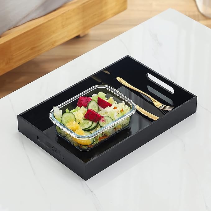 Black Oversize Acrylic Serving Tray with Handles 10x15 Inch -Spill Proof- Decorative Trays Countertop Organizer for Ottoman,Nightstand, Sidetable, Butler (10X15 Inch, Black)