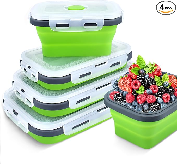 Collapsible Food Storage Containers with Lid & Air Vent, 4 Pack Rectangular Foldable Collapsible Storage Containers Sets, Travel Trailer Must Lunch Bowls for Camping, Microwave Freezer Dishwasher Safe