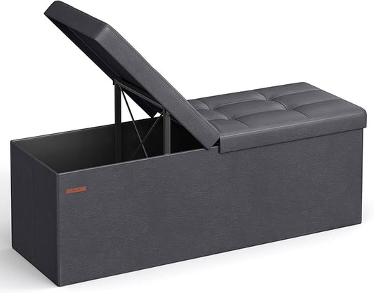 SONGMICS MAZIE Collection - 43 Inches Storage Ottoman Bench with Flipping Lid, Storage Chest with Iron Frame Support, Load 660 lb, for Living Room, Bedroom, Synthetic Leather, Dark Gray ULSF075G01