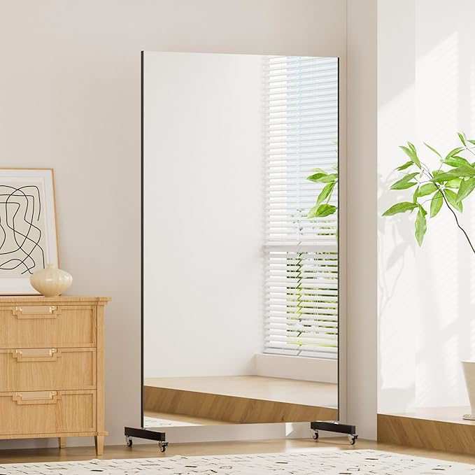 brisafe Home Gym Mirror 360° Swivel on Wheels, 75" X 36" Extra Large Full Body Rolling for Yoga, Nano Film Super Lightweight Unbreakable Full Length Mirror, （Black）