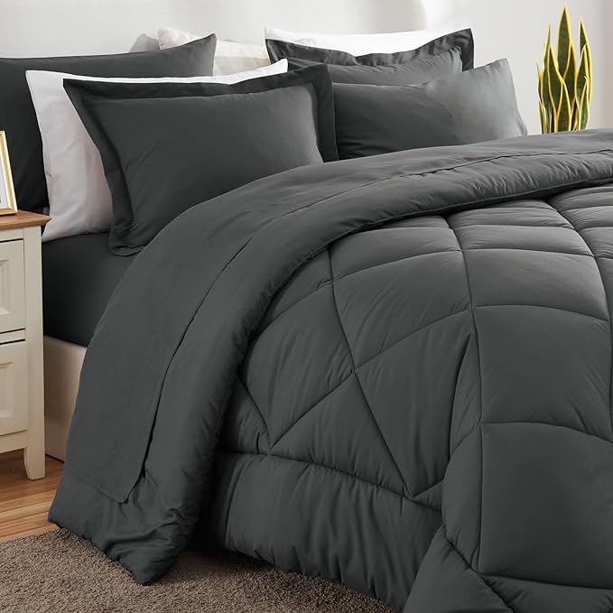 CozyLux Oversized Queen Comforter Set Dark Grey, 7 Pieces Bed in a Bag Comforter Set with Sheets Luxury Bed Set All Seasons, Bedding Set with Down Alternative Comforter, Sheets, Pillowcases & Shams