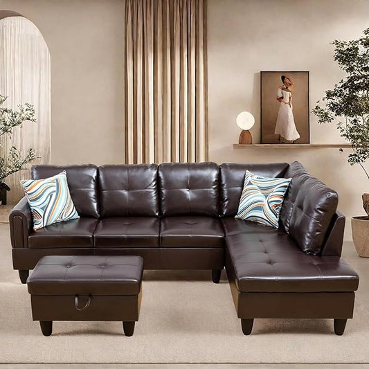 108-Inch Modular L-Shaped Sectional Sofa with Deep Seat, Modern L Shaped Cloud Couch with Chaise, Upholstered Couches for Living Room, Bedroom, Office, No Assembly Require (Leather)