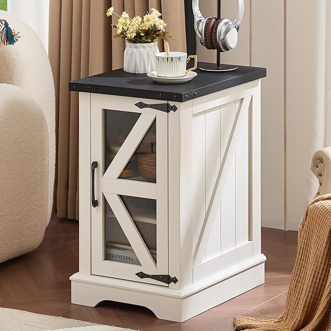 Farmhouse Coffee Table Sets 2 Pieces, Narrow Night Stand with Glass Barn Door Storage, Large Coffee Tables with Hidden Storage Organizer, Wood Furniture Sets for Living Room, Office, White