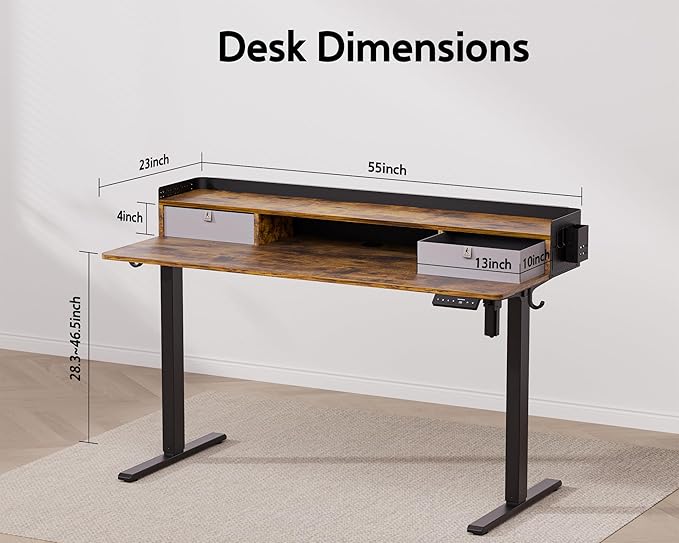 55x24 Inches Electric Standing Desk with 2 Drawers, Height Adjustable Stand up Desk for Home Office, Ergonomic Sit to Stand Table with Storage Shelf, DIY Board, Hooks, Rustic Brown