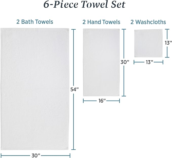 Welhome Franklin 100% Cotton Popcorn Textured Towel Set - 6 Piece 600 GSM, Soft & Plush, 2 Bath Towels, 2 Hand Towels, 2 Washcloths, White