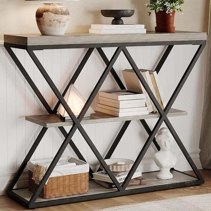 Garvee 3-Tier Entryway Table, Industrial Console Sofa Table with Storage, Accent Table with Open Shelves, X-Shaped Metal Frame, Foyer Table for Entryway, Hallway, Gray