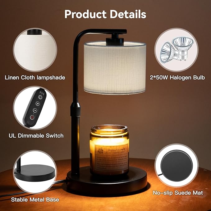 Dexnump Candle Warmer Lamp with Timer, Dimmable Candle Wax Warmer with 2 Light Bulbs, Height Adjustable Electric Candle Lamp for Scented Candles, Home Room Decor, Gifts for Women Mom (White)